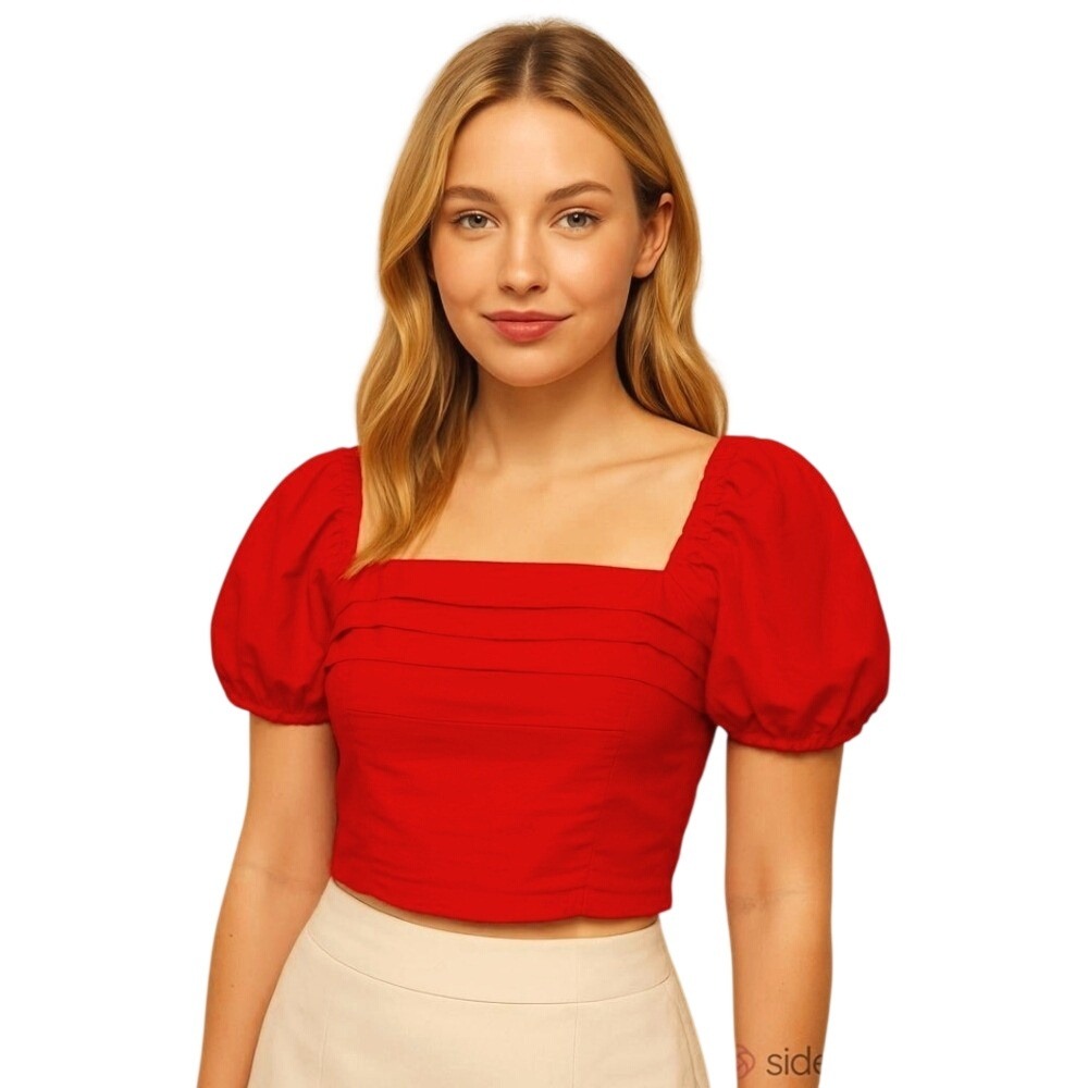Sim & Sam Pink Flame Crop Top Poof Sleeve Tiered Front Ruched Back Size Small